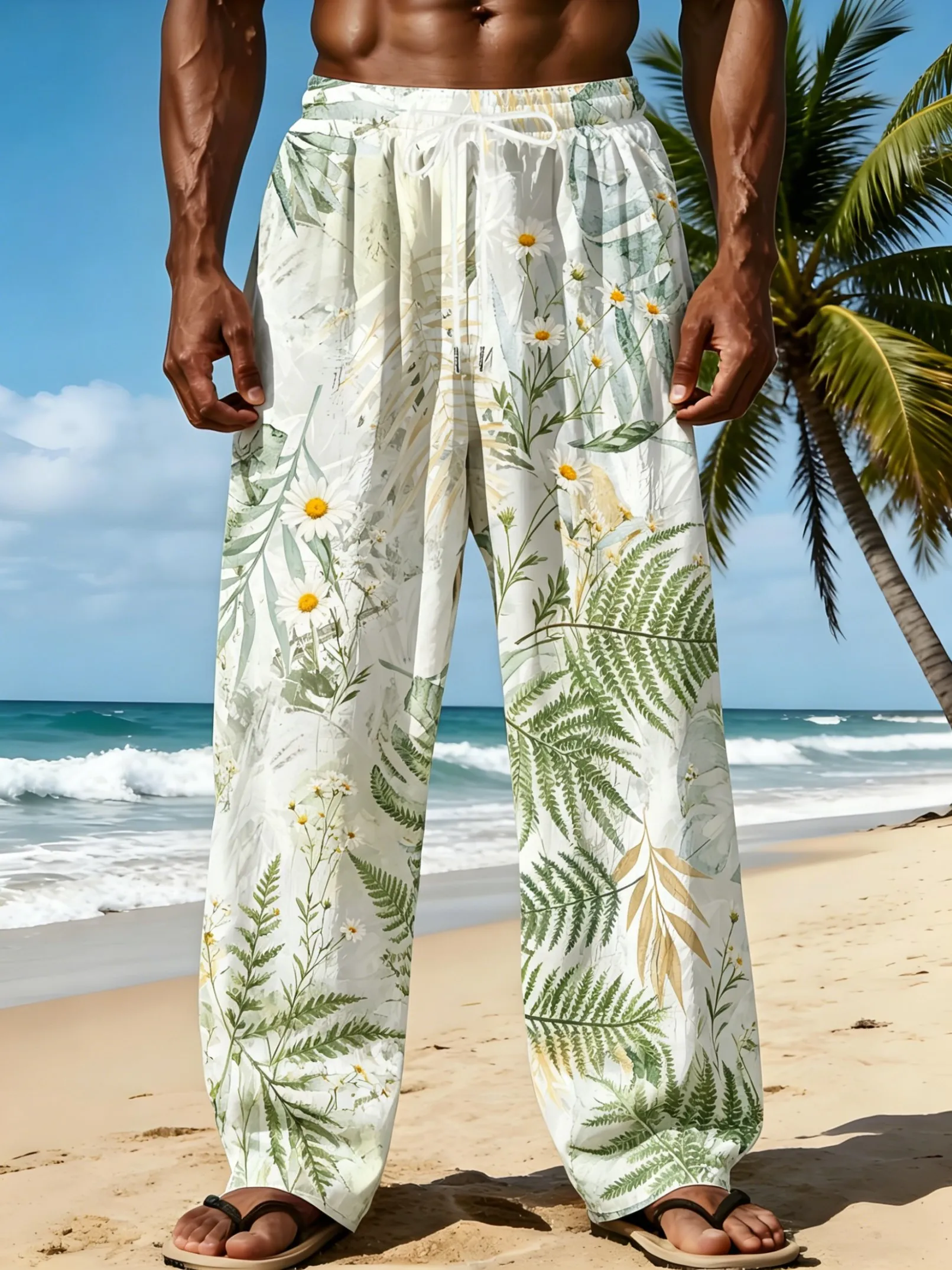 

Men's Spring Summer Daisy Fern Leaf Print Drawstring Pants, Fresh Botanical Trousers for Beach Daily Casual Street Outfit