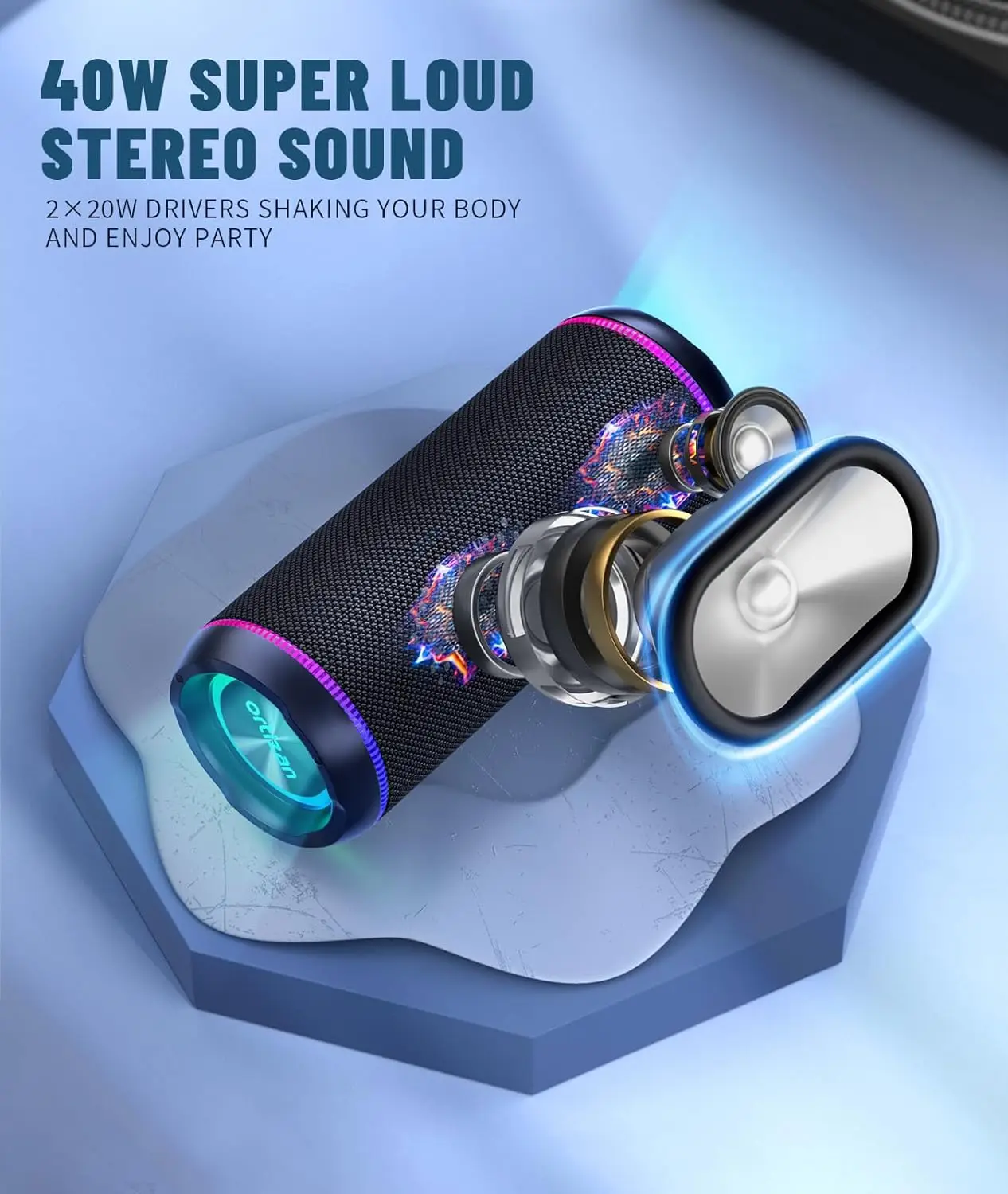 Ortizan X30 Tragbare Bluetooth-Lautsprecher, Bass Boost, 40 W, leistungsstarker kabelloser IPX7-wasserdichter Lautsprecher mit 6600-mAh-Akku, USB/TF/AUX – Detail 10