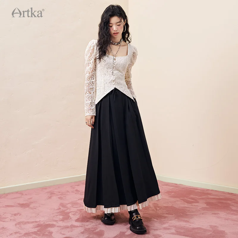 ARTKA 2023 Autumn New Women Blouse Elegant Palace Style Lace Embroidery White Shirt Lace Long Sleeve Square Neck Shirts SA92238Q