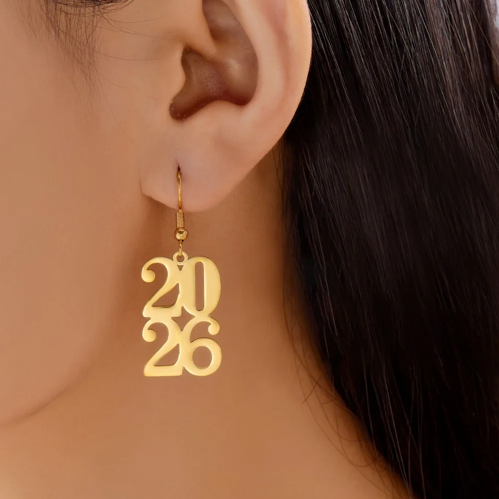 الذهب اللون السنة الجديدة عدد القرط الفولاذ المقاوم للصدأ مقاومة للصدأ 2026 انخفاض القرط تنوعا الحد الأدنى الأذن قلادة #2