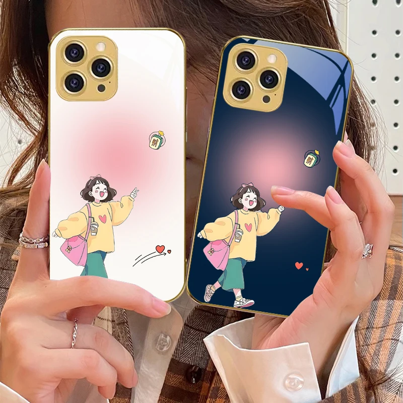 

Happy girl in yellow For IPhone 16 16Pro Max 15 P ro 14 13 Plus 12 Mini 11Pro Max XS Max XR Golden tempered glass phone case
