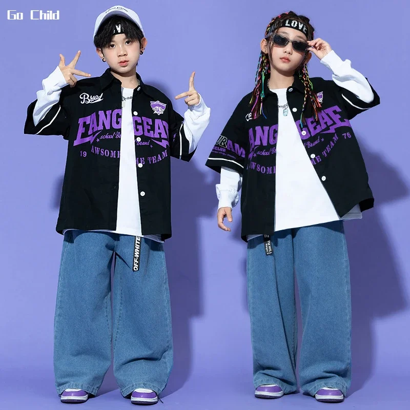 Boys Hip Hop Short Sleeve Shirt Baggy Jeans Girls Street Dance Jacket Loose Pants Clothes Set Kids Streetwear Child Jazz Costume