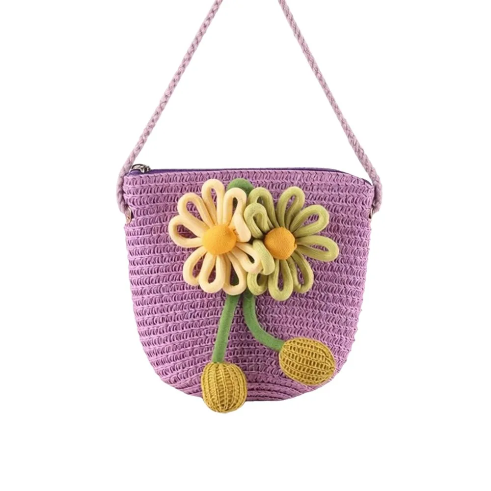 

Cute Straw Woven Children's Messenger Bag Zipper Lightweight Beach Bags Coin Purse