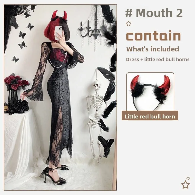 

k Gothic loween Dr Bla Long Witch Bride Costume Women's Faion Cross-Border Sle Autumn 2023 New Arrival