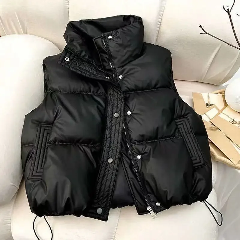

Shiny Surface down Cotton Vest Women's Short Loose Stand Collar Vest Winter Outerwear Shoulder Pad Vest Korean Style