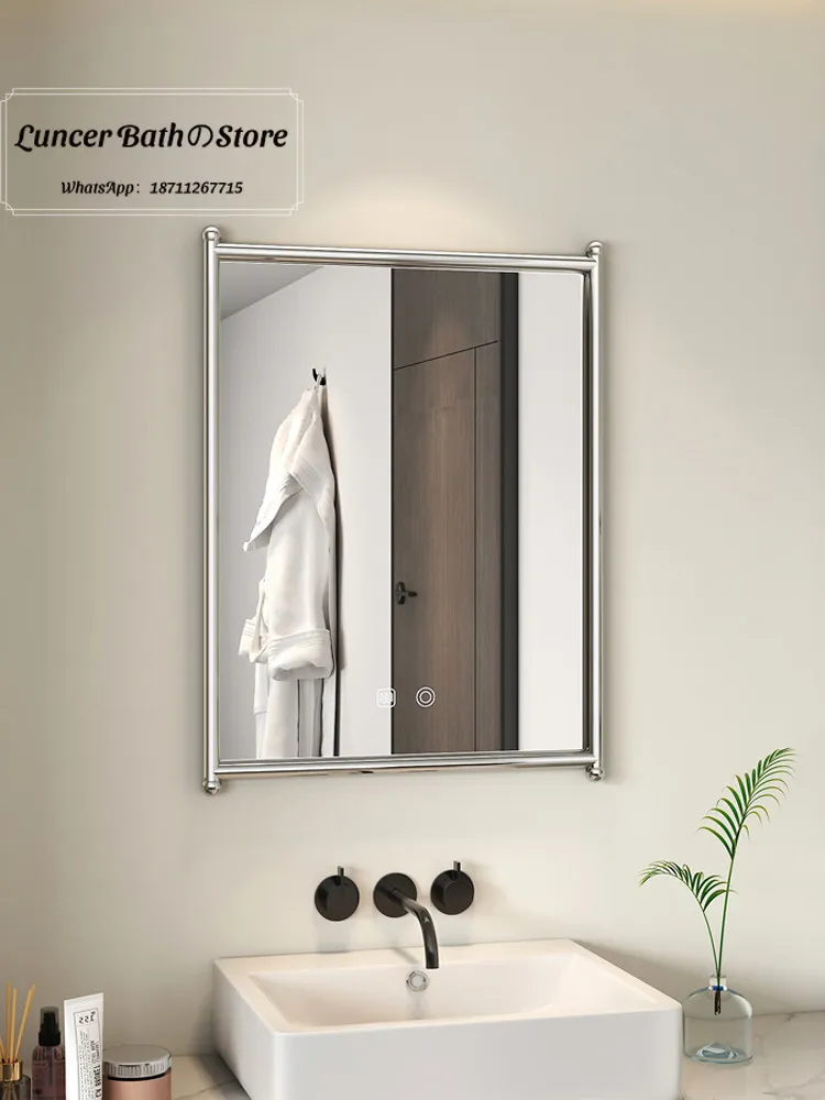 French stainless steel bathroom mirror simple antique bathroom mirror square mirror hotel homestay bathroom backlight