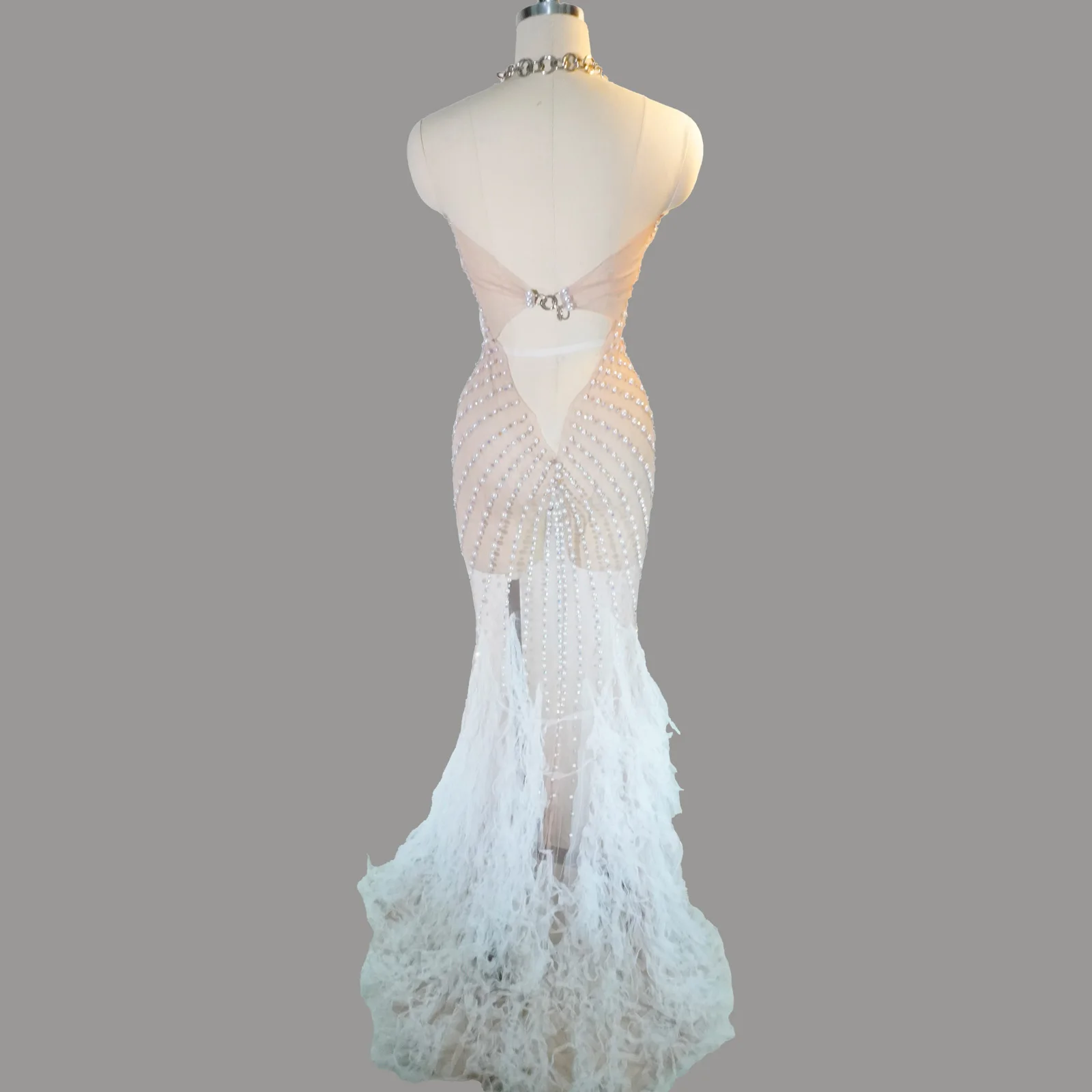 Sexy Sheer Pearl Sequins Crystal Evening Gown Women Sleeveless Mesh Bodycon Gala Party Dress Reception Formal Night Out