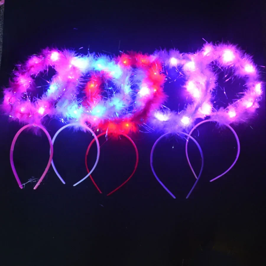 

15pcs White Pink Red Feather Angel LED Light Up Glow Headband Halo Ring Flashing Hair Bands Glow Party Supplies Wedding Festival