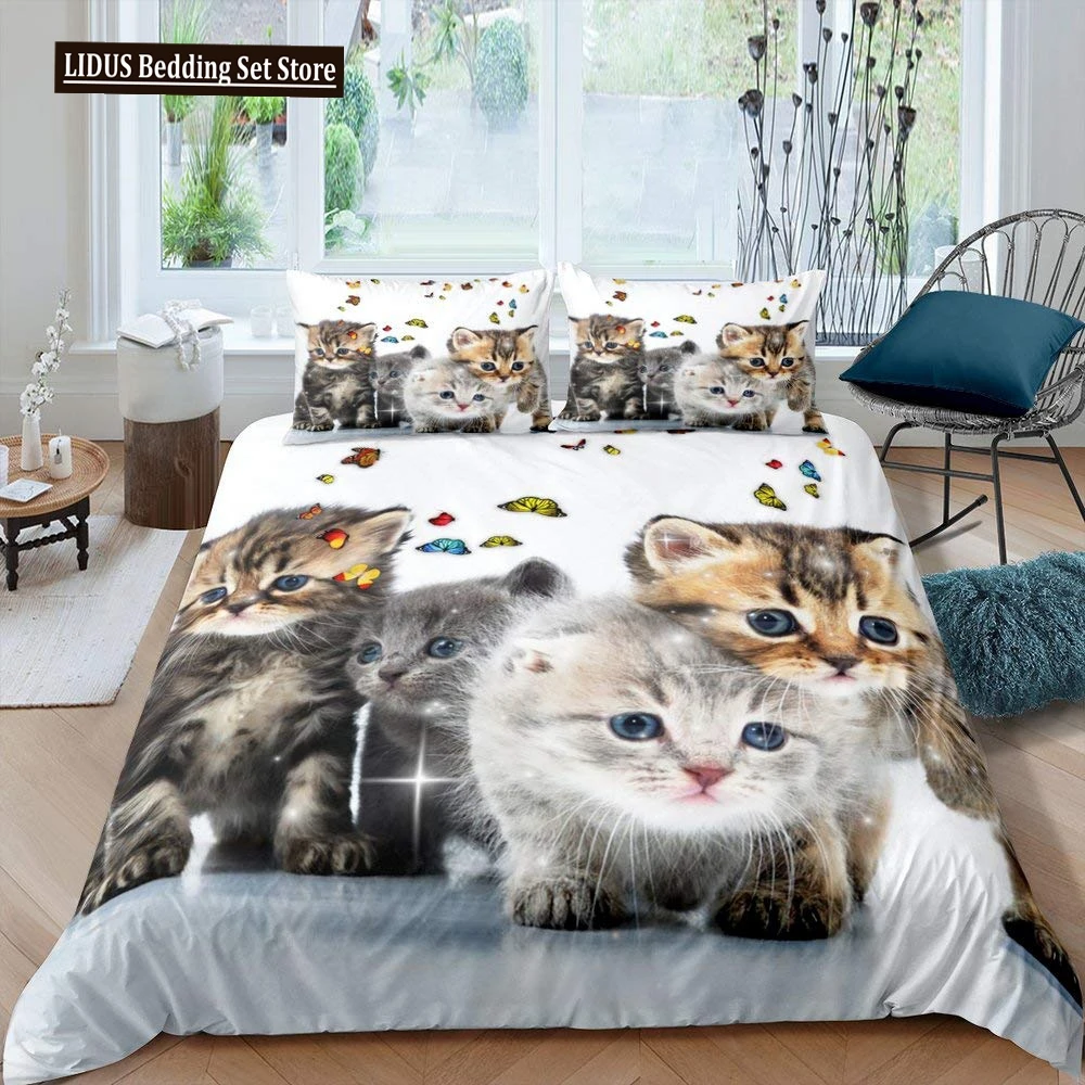 

Cute Cat Duvet Cover Set Queen Size Girls Kawaii Kitten Bedding Sets Blue Butterflies Comforter Cover Lovely Animal Quilt Cover