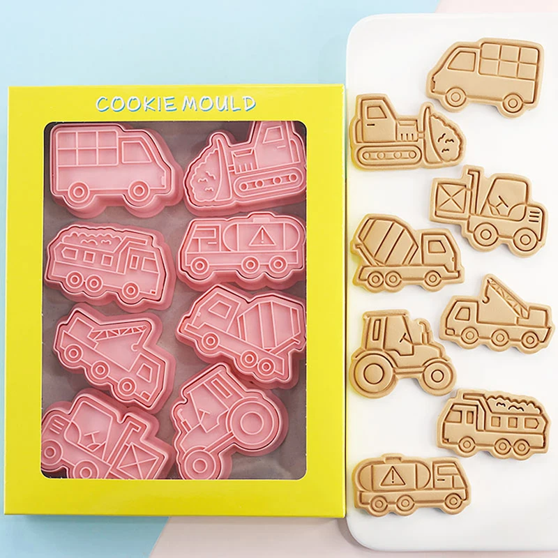 8 Pcs/set Engineering Truck Cookie Cutters Plastic 3D Cartoon Pressable Biscuit Mold Cookie Stamp Kitchen Baking Pastry Bakeware