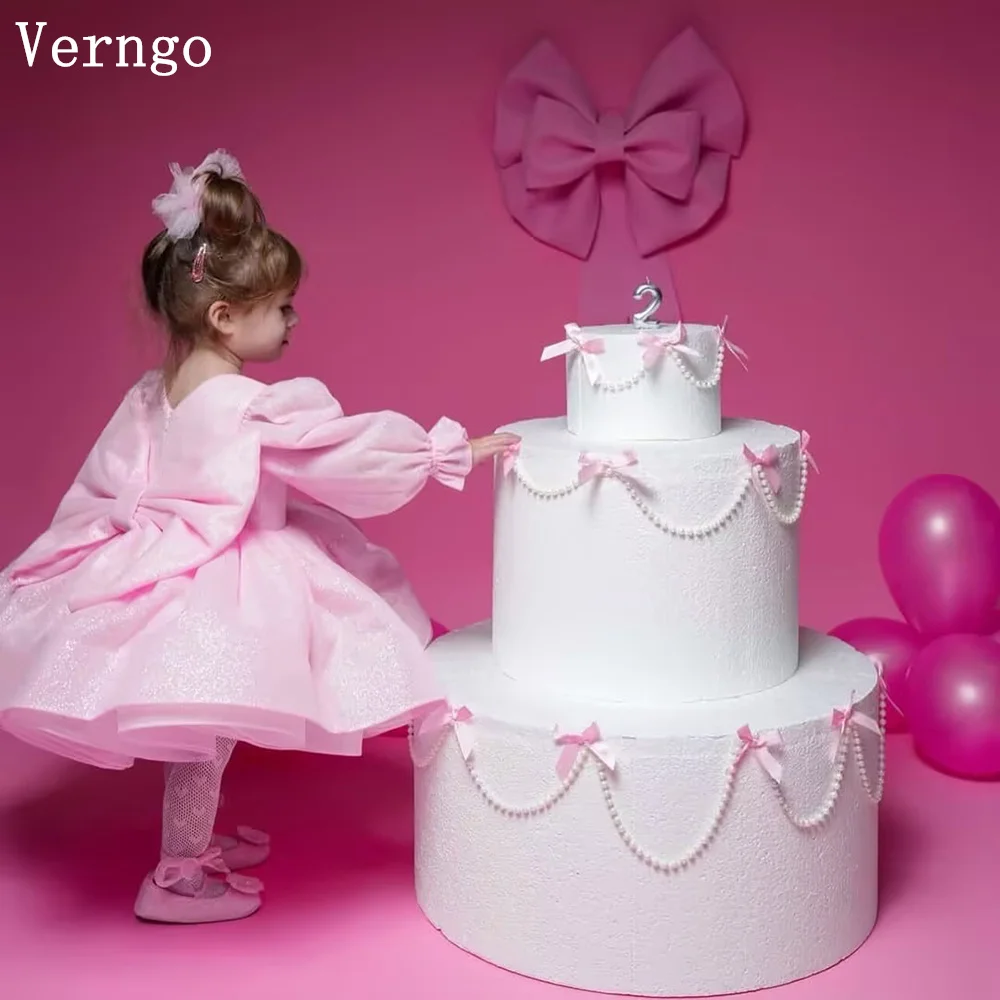 

Verngo Pink Shiny Kid Birthday Party Dress O Neck Short Sleeves Bow Celebrity Girl Flowers Dress Princess Kid Gown Customized