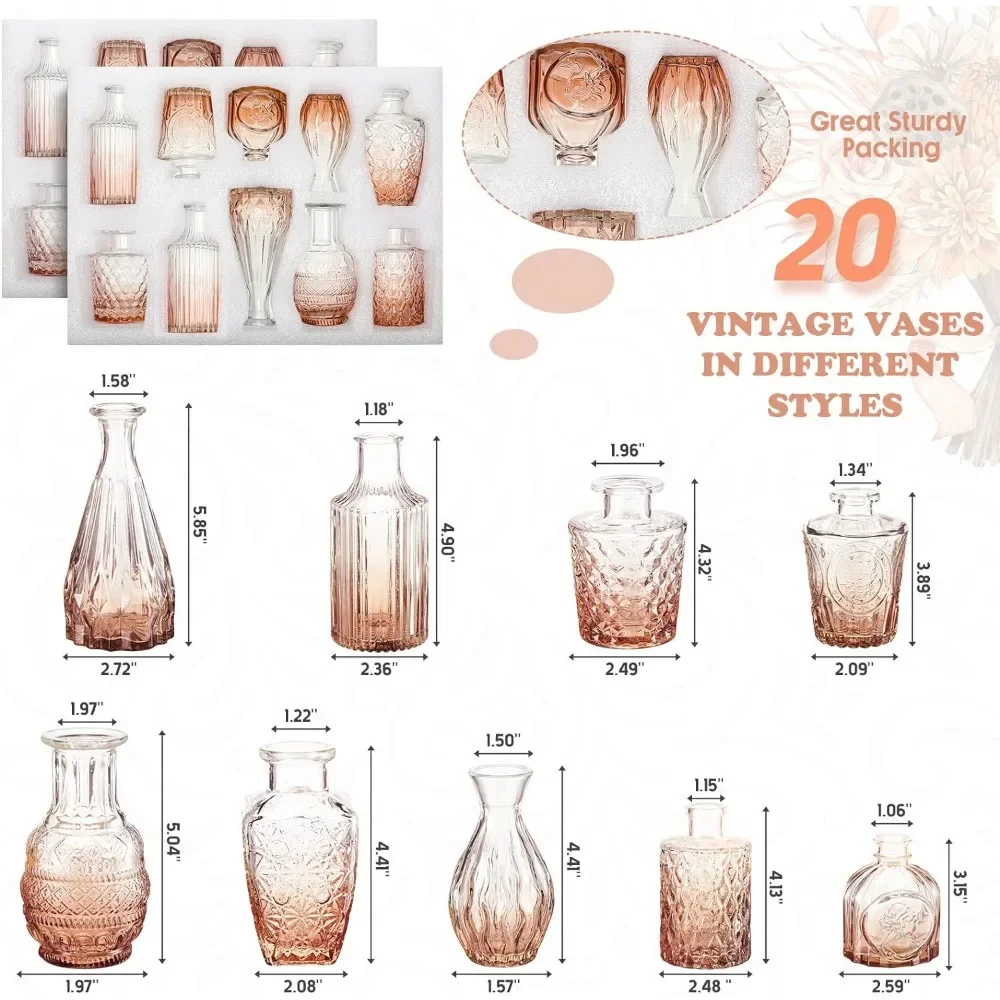 20 Pcs Glass Bud Vase Set Small Vases for Flowers Vintage Flower Vase in Bulk Cute Glass Vases for Centerpieces