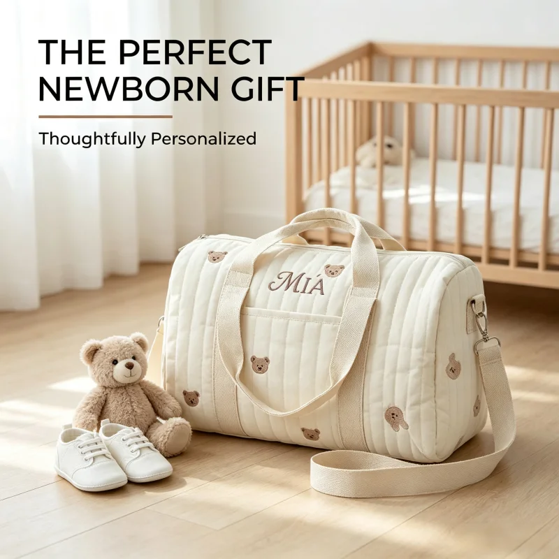 Custom Embroidered Name Diaper Bag Quilted Bear Bunny Mommy Nappy Bag Travel Duffel Hospital Bag Baby Shower Gift