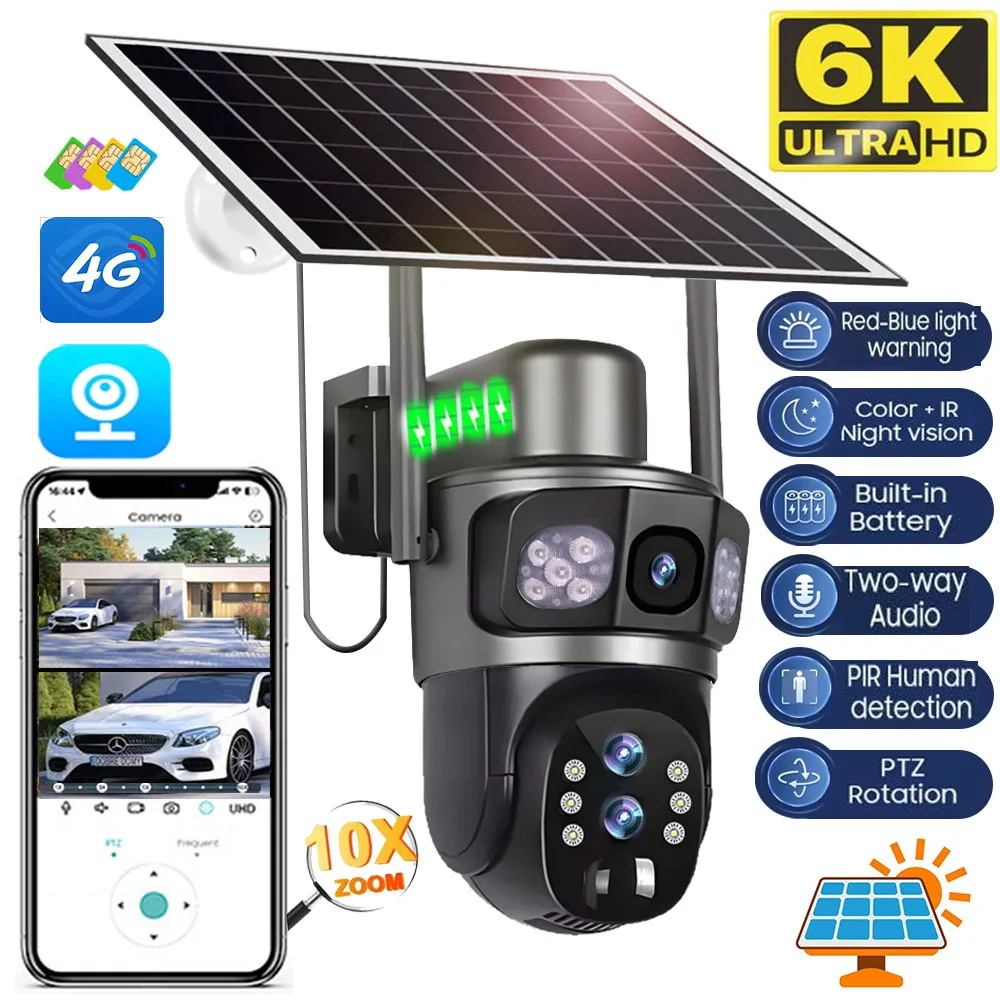 

Solar Camera Outdoor 4G Sim Card 6K 10X Zoom Built-in Battery Three Screen Security Cameras Wireless Video Surveillance CCTV Cam