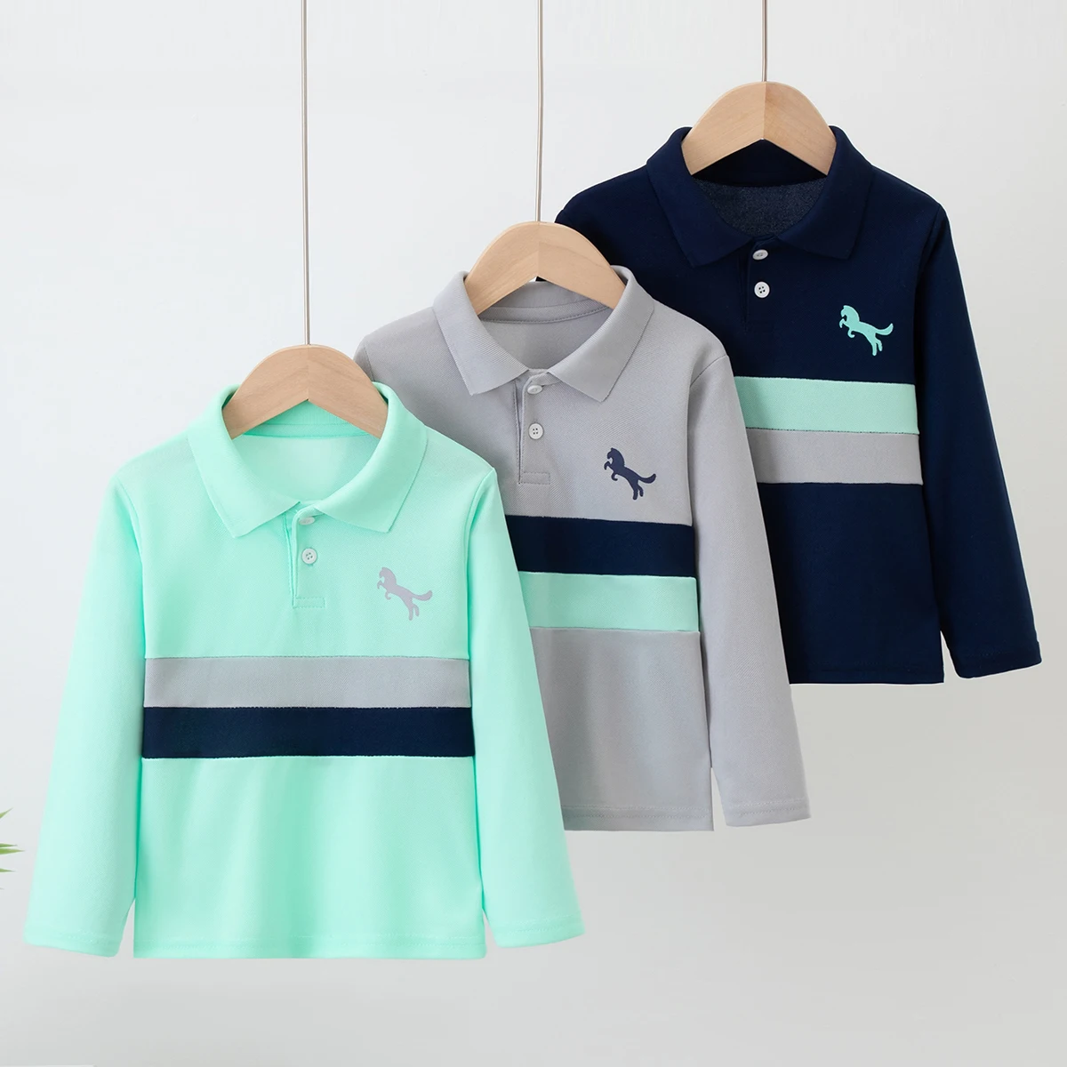 1/3 Piece Spring and Autumn Children's Fashion Color Blocked Polo Shirt, Boys' Printed Small LOGO, Collar Button Long Sleeve T-s