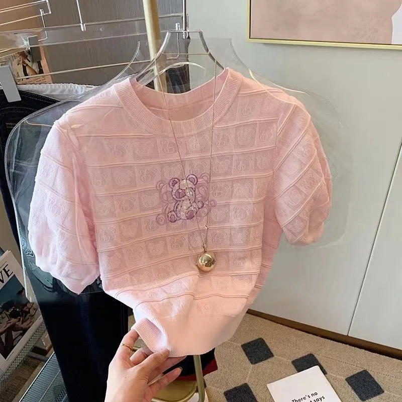 Suéter de punto con lentejuelas de oso para mujer, camiseta, jersey, camisetas de manga corta con cuello redondo, jerséis de punto holgados y