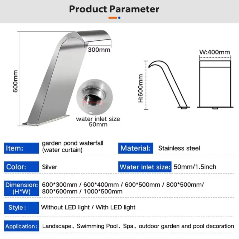304 Stainless Steel Pool Fountain Shower Arched Cascade Water Curtain for Swimming Square villa courtyard landscape decoration