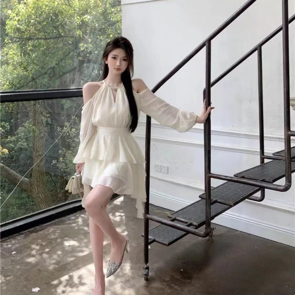 

Hanging Neck Style Long-sleeved Dress Double-deck High Waist Waist Dress Off-the-shoulder Sexy Seaside Holiday Dress for Women