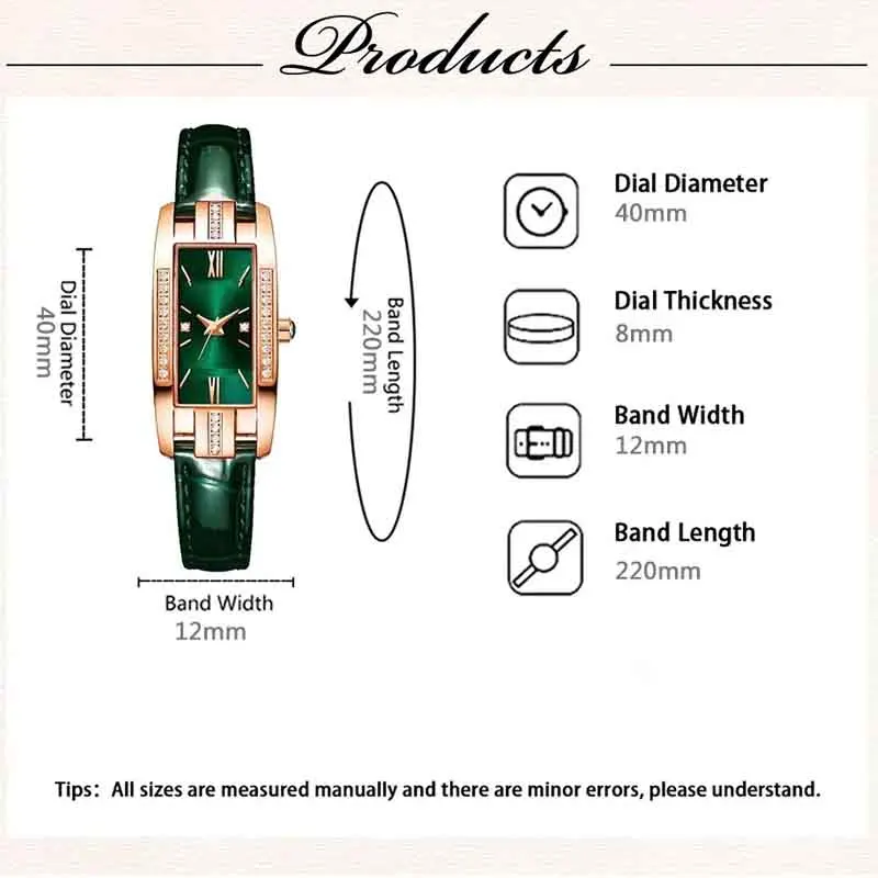 Womens Watches Fashion Square Ladies Quartz Watch Bracelet Set Green Dial Simple Leather Luxury Women Watches