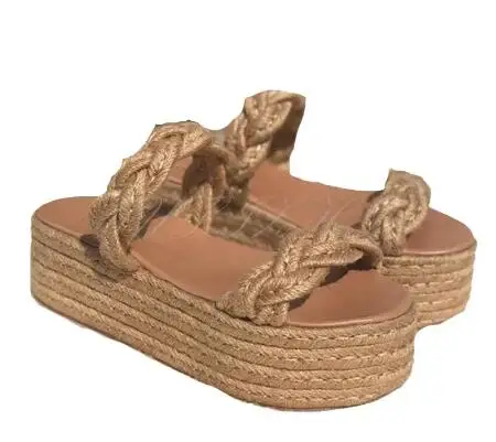 Taupe Rope Braided Espadarille Thick Sole High Flat Summer Slippers Women Platform Woven Slip On Wedge Beach Shoes Drop Shipping