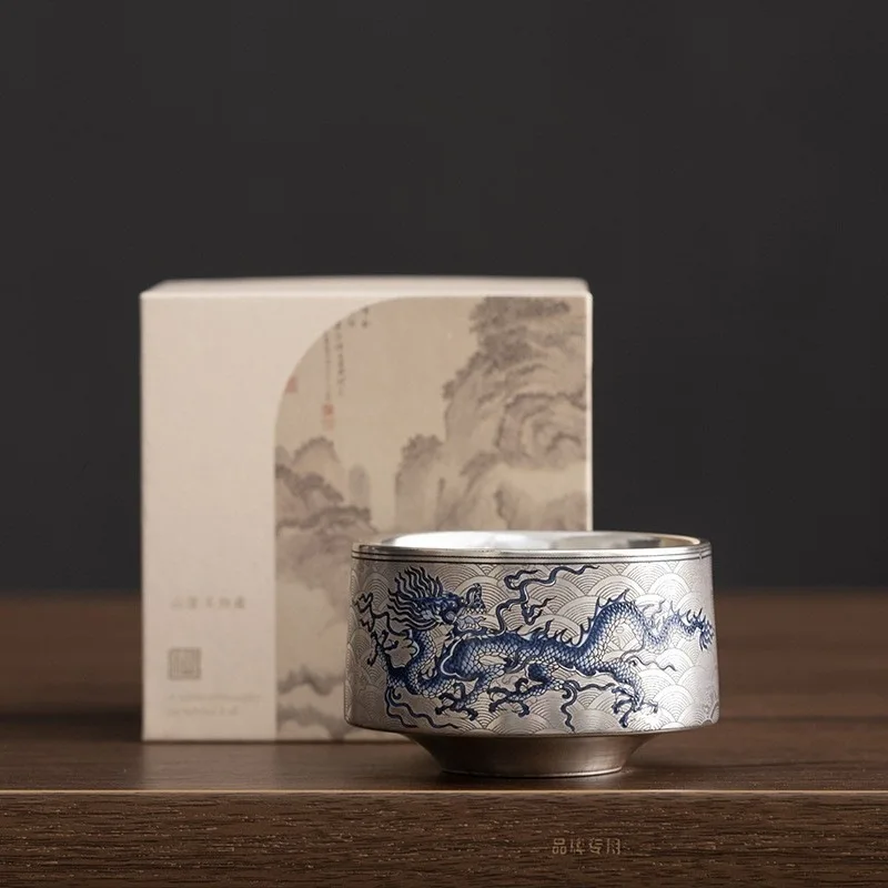 120ml High End Silver Plated Ceramic Teacup Blue and White Dragon Pattern Master Cup Chinese Jianzhan Kung Fu Tea Utensil Gifts