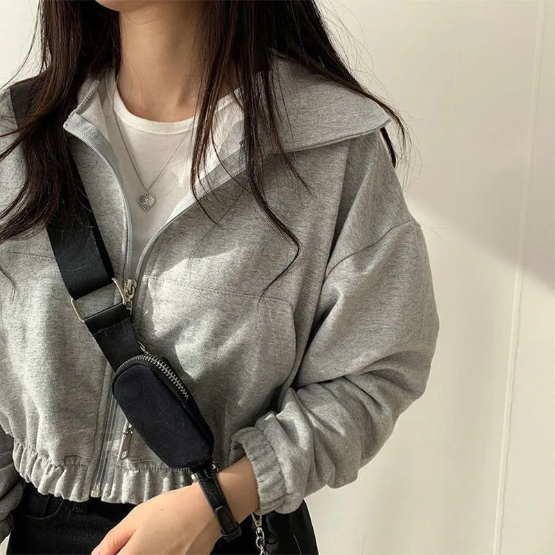 Women Sweatshirts 2024 Spring Autumn Solid Color Zip Up Coats Oversized Hoodies Korean Fashion Female Long Sleeve Lapel Jackets