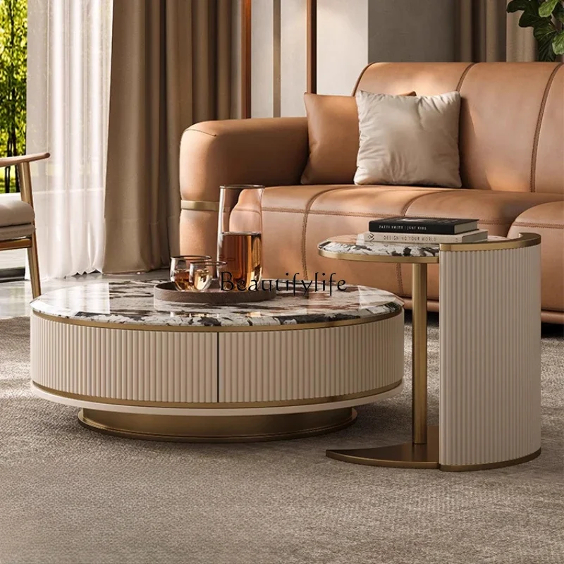 

Light luxury marble size coffee table combination modern simple living room supercrystalline stone stainless steel tea table