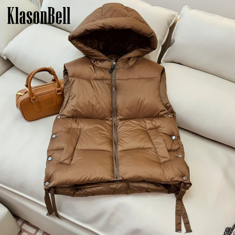 

9.4 KlasonBell Women Fashion All-matches Hooded Goose Down Vest Side Lace-up Button Design Sleeveless Zipper Down Jacket