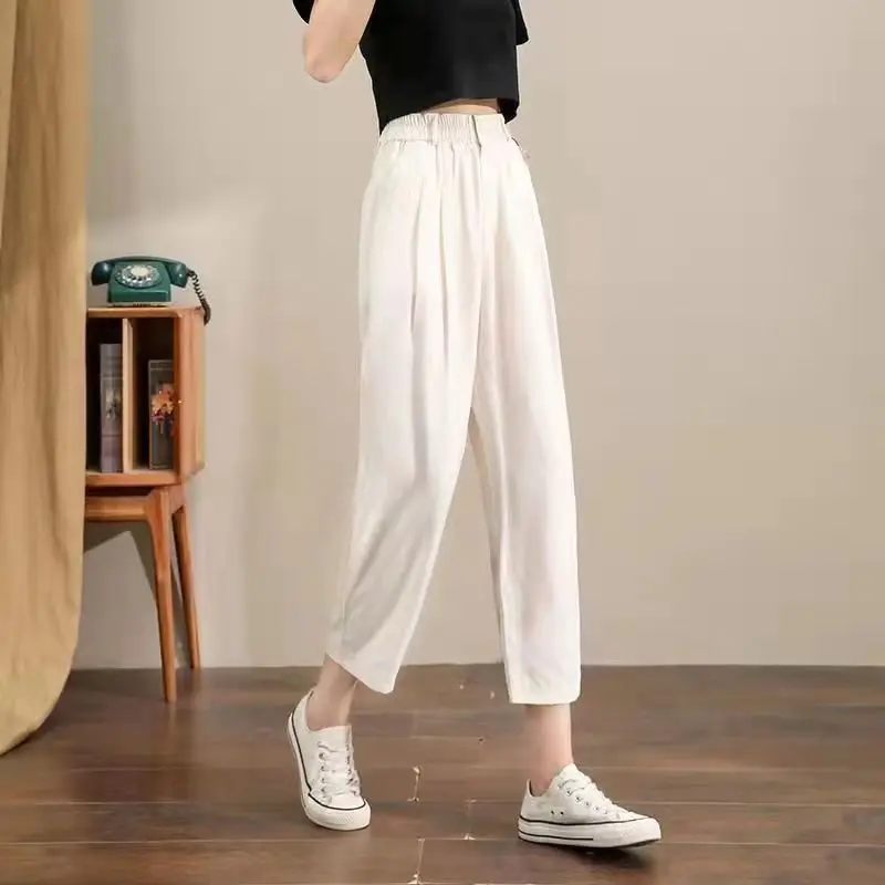 

Хлопковые и льняные женские брюки Harun на весну и лето, тонкие эластичные свободные брюки с высокой талией и девятью точками