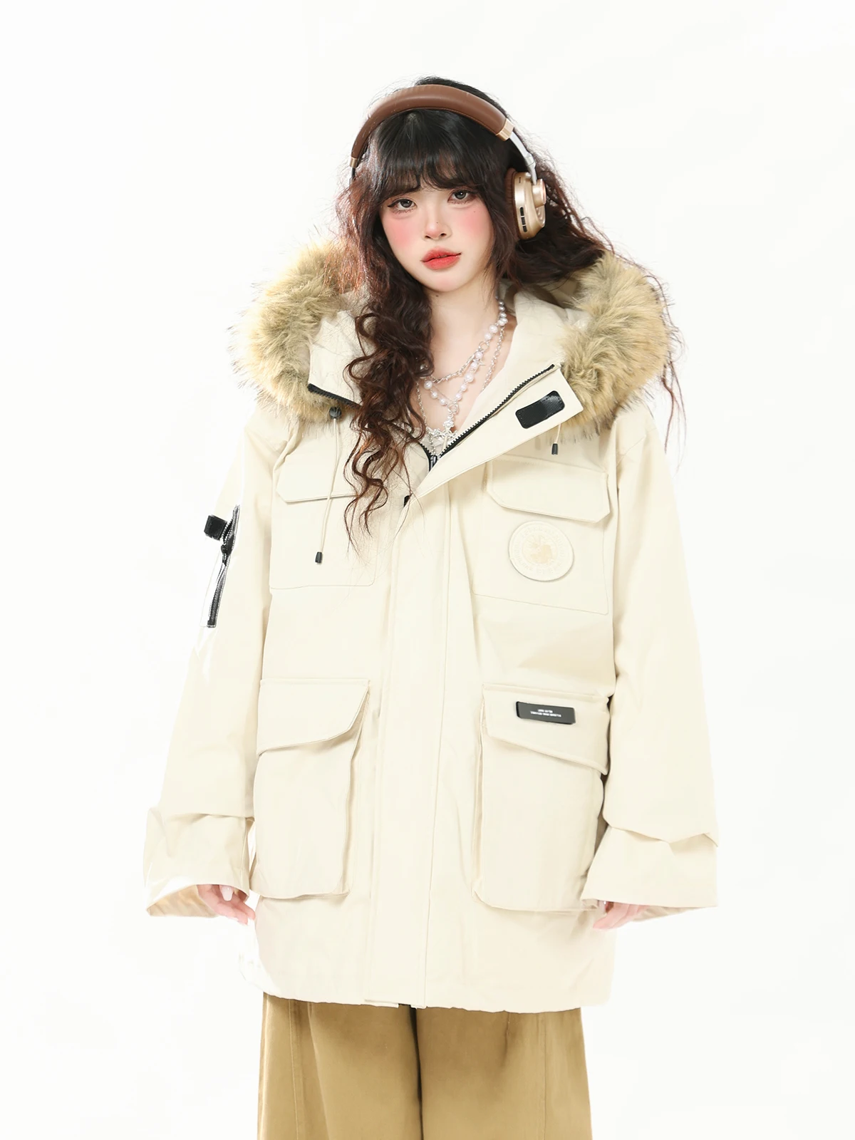 

ENJOG Women's Parka Coat with Detachable Fur Collar Mid-Length Warmth Windproof Cotton Workwear Hooded Zipper Closure C...