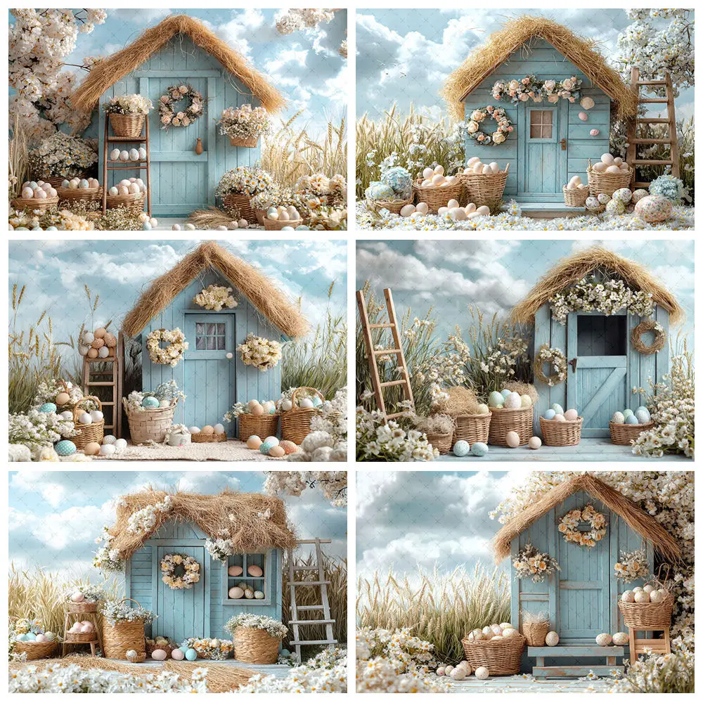 

Spring Easter Photography Background Flowers Blue Cottage Eggs Kids Birthday Party Portrait Decor Backdrop Photo Studio Props