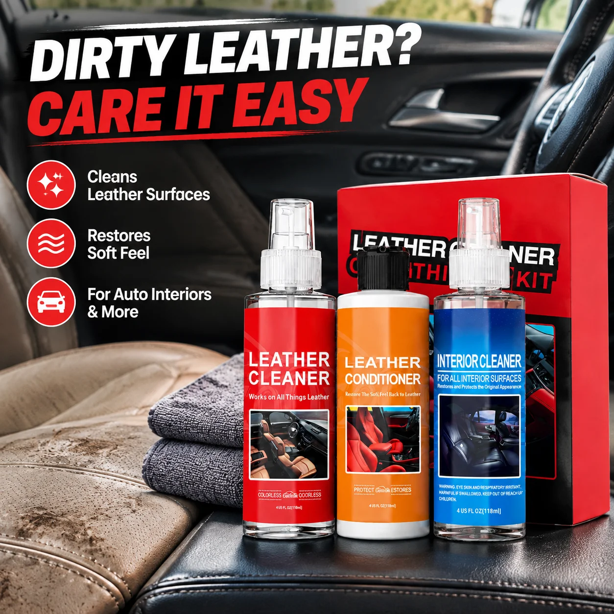 3-in-1 Leather Cleaner Conditioner Kit, Car Interior All Surface Cleaning Set with Towels & Sponge for Auto Seats Dashboard Furniture