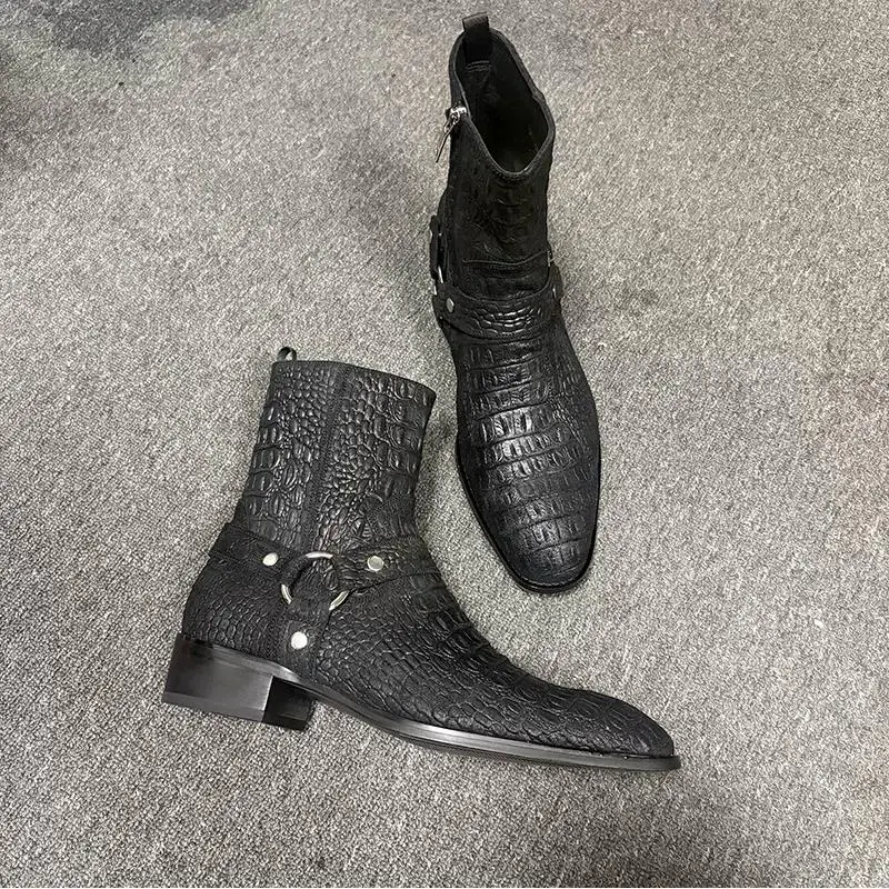 Genuine Leather Western Cowboy Boots Men Embossed Harness Buckle Side Zipper Pointed Toe Block Heel Retro Ankle Boots Footwear