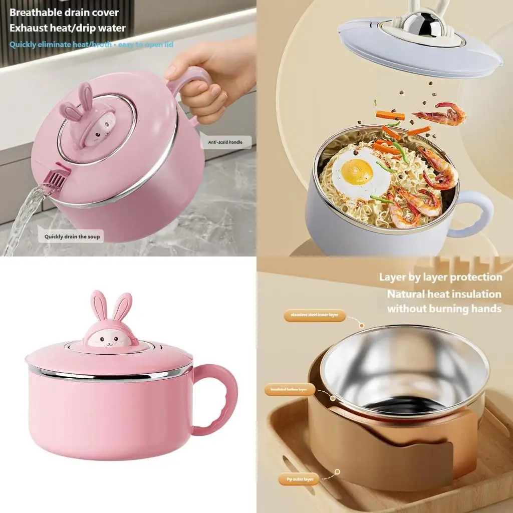   Stainless Steels Ramen Bowl with Sealing Lid Heat Resistant Lunch Container Tableware with Phone Stand for Office Use
