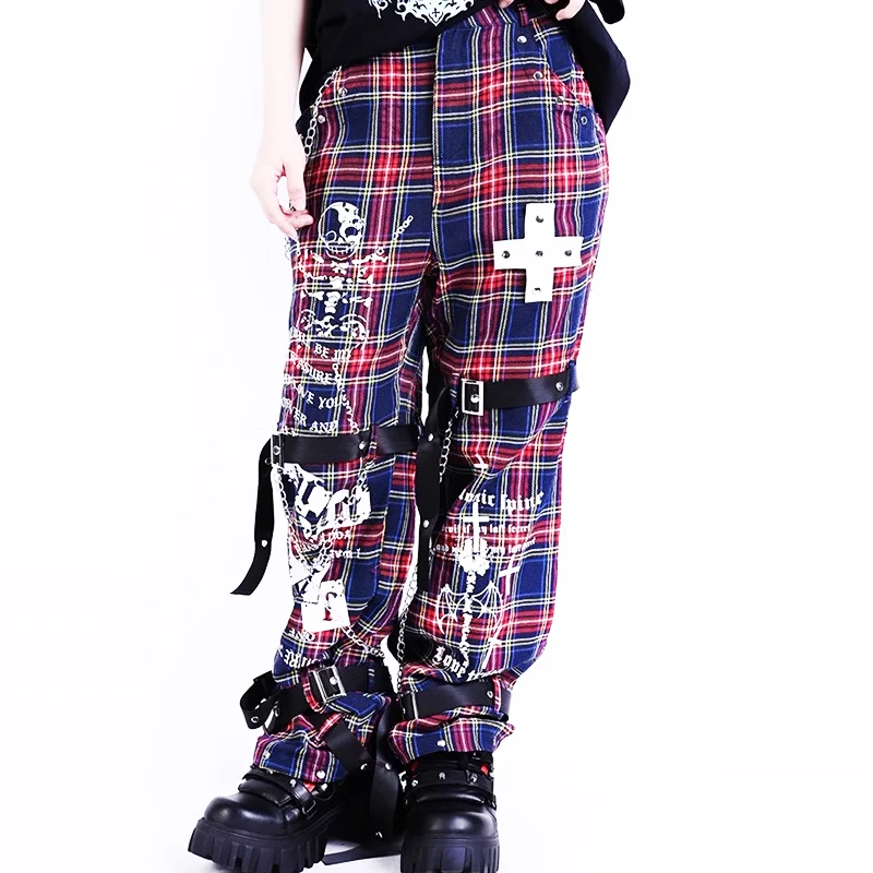 2024 Japanese Strap pants cargo pants men Y2k Punk Kill Matt Rock Subcultural Chain Rivet Buckle Plaid straight Leg Men\'s Pants