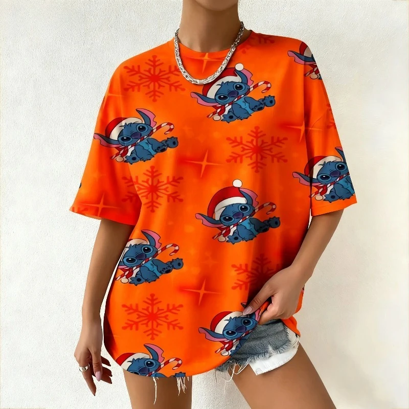 디즈니 여성용 여름 티셔츠, 귀여운 스티치 크리스마스 눈송이 프린트, 캐주얼 데일리 및 패셔너블 탑을 위한 트렌디한 스트리트웨어