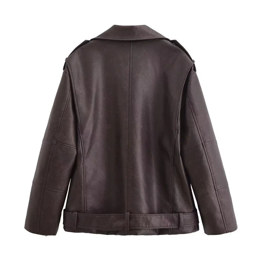 2024 autumn and winter new fashionable women\'s clothing faux leather motorcycle style loose jacket with lapel jacket