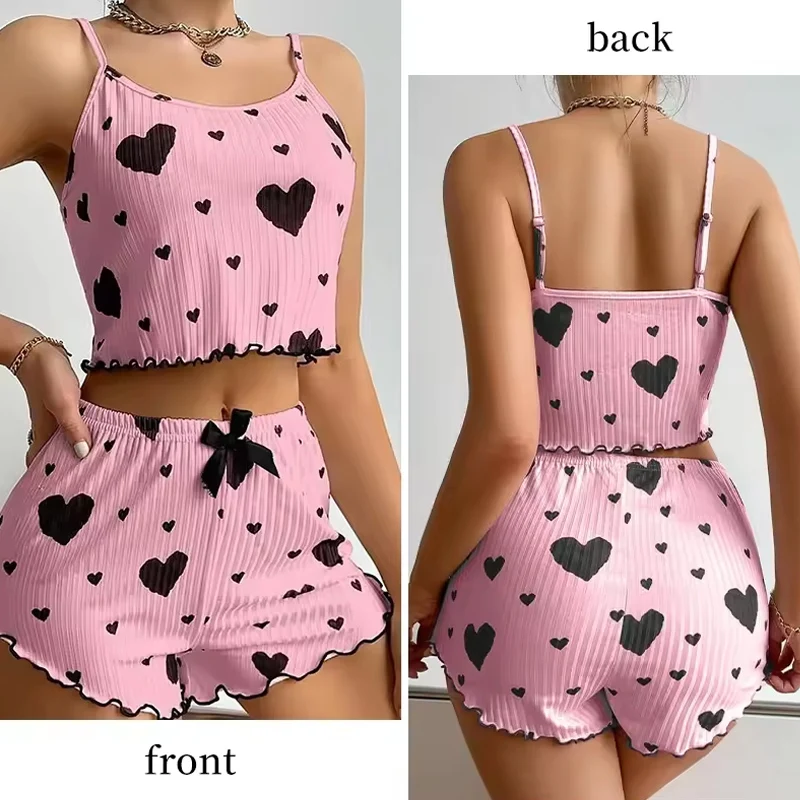 1 Sets Heart Print Bowknot Sleepwear Vest and Shorts Pajamas Set Women Ventilate Suspenders Loungewear Summer Casual Sleepwear