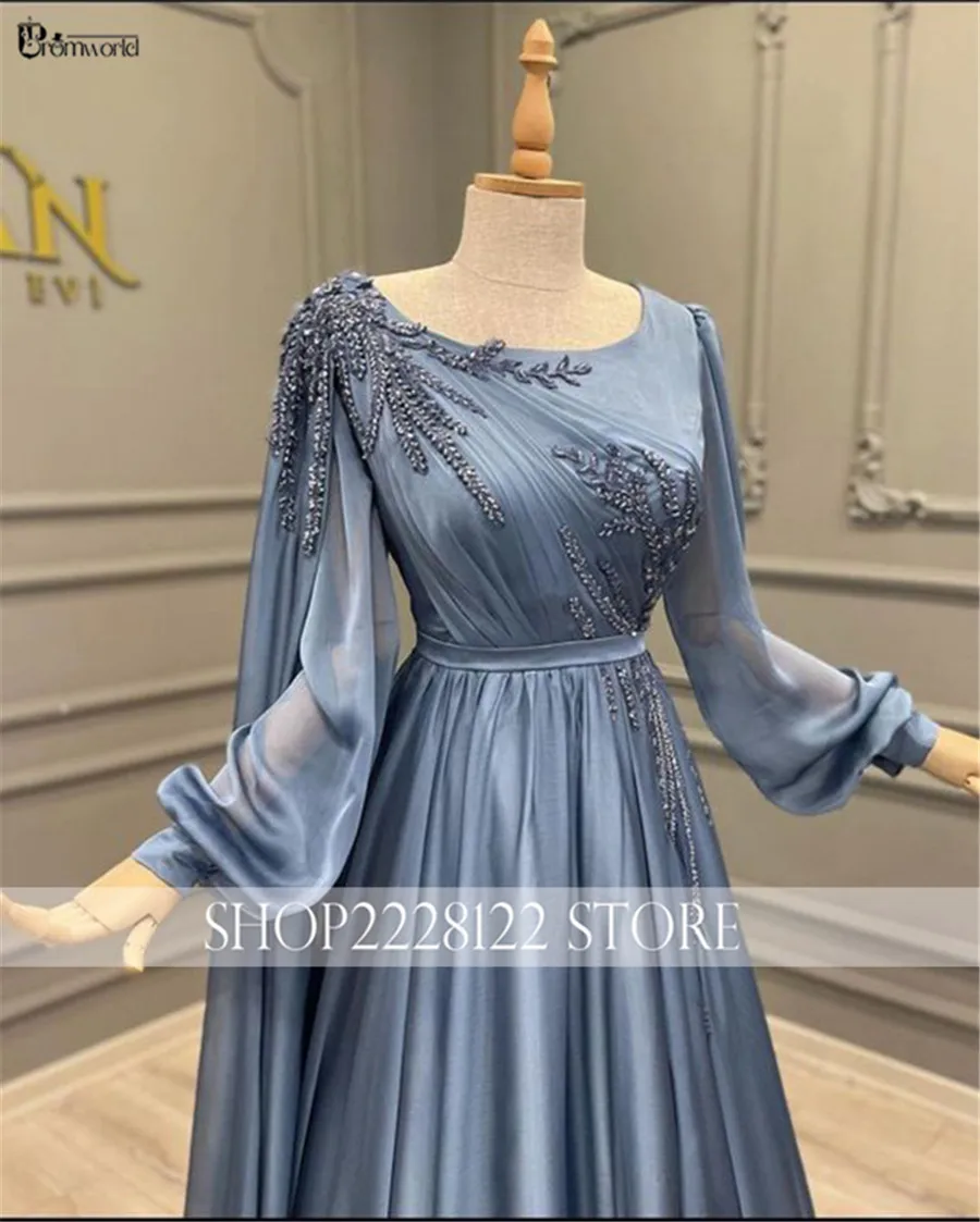 Abiti da sera musulmani a maniche lunghe a-line Scoop Neck arabo Dubai abiti da festa formali perline abito di pizzo De Soiree Prom