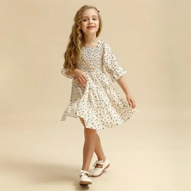 Kids Girl Summer New Puff Sleeves Dress Flower Print Princes Dresses Kid Daily Comfortable Casual Clothes for Children Girl 3-8Y