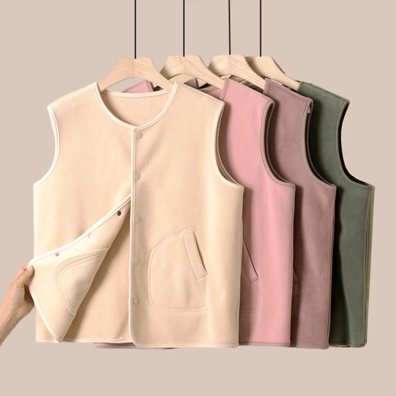 Women's Warm Fleece Lined Thickened Winter Vest Short Sleeve Jacket Outerwear Large Size round Neck Single Button Closure