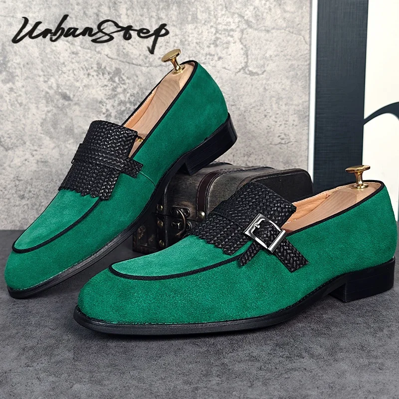 

LUXURY MEN'S LOAFERS green SLIP ON BUCKLE STRAP SHOES CASUAL DRESS MAN SHOES TASSELS WEDDING BANQUET SUEDE LEATHER SHOES MEN