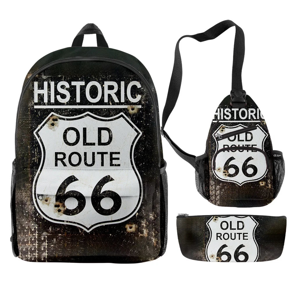 Hip Hop Popular Funny route 66 3D Print 3pcs/Set pupil School Bags Travel Laptop Backpack Chest Bag Pencil Case