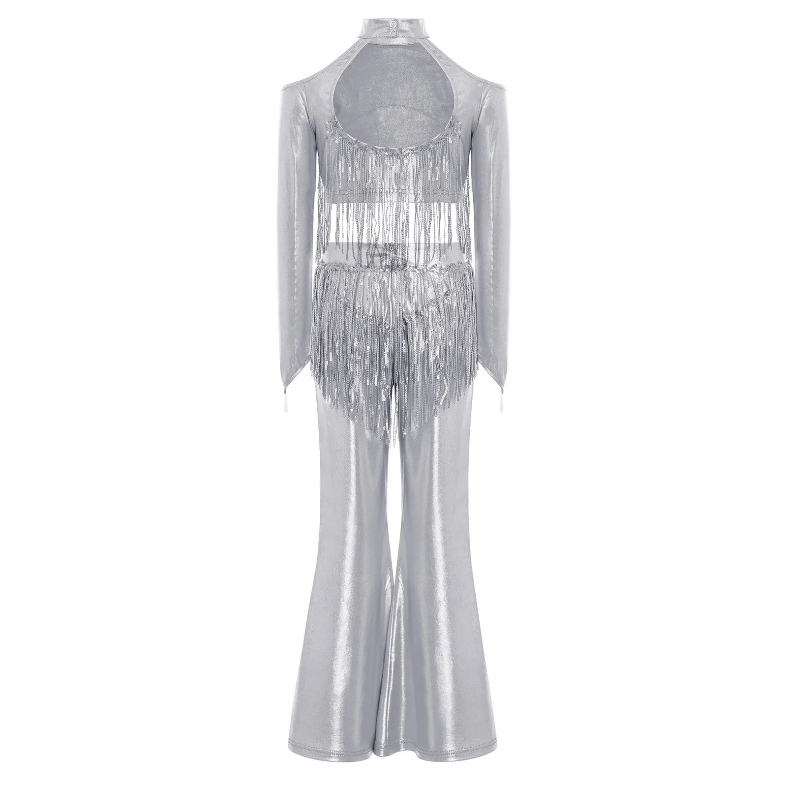 Girls Halloween Carnival Movie Character Princess Cosplay Costume Tassel Sequin Metallic Disco Jazz Dance Crop Top Flared Pants