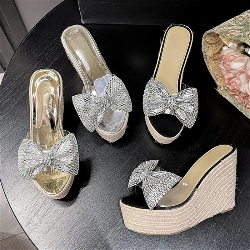 

Модные женские шлепанцы Aneikeh на танкетке из конопляной веревки с прозрачными кристаллами и бабочками из ПВХ