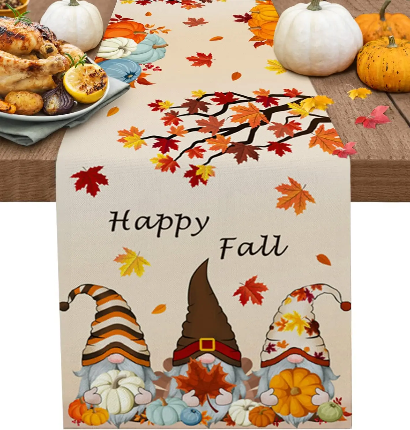 

Fall Thanksgiving Maple Leaf Gnome Linen Table Runner Party Decor Farmhouse Kitchen Dining Table Runner Thanksgiving Decorations