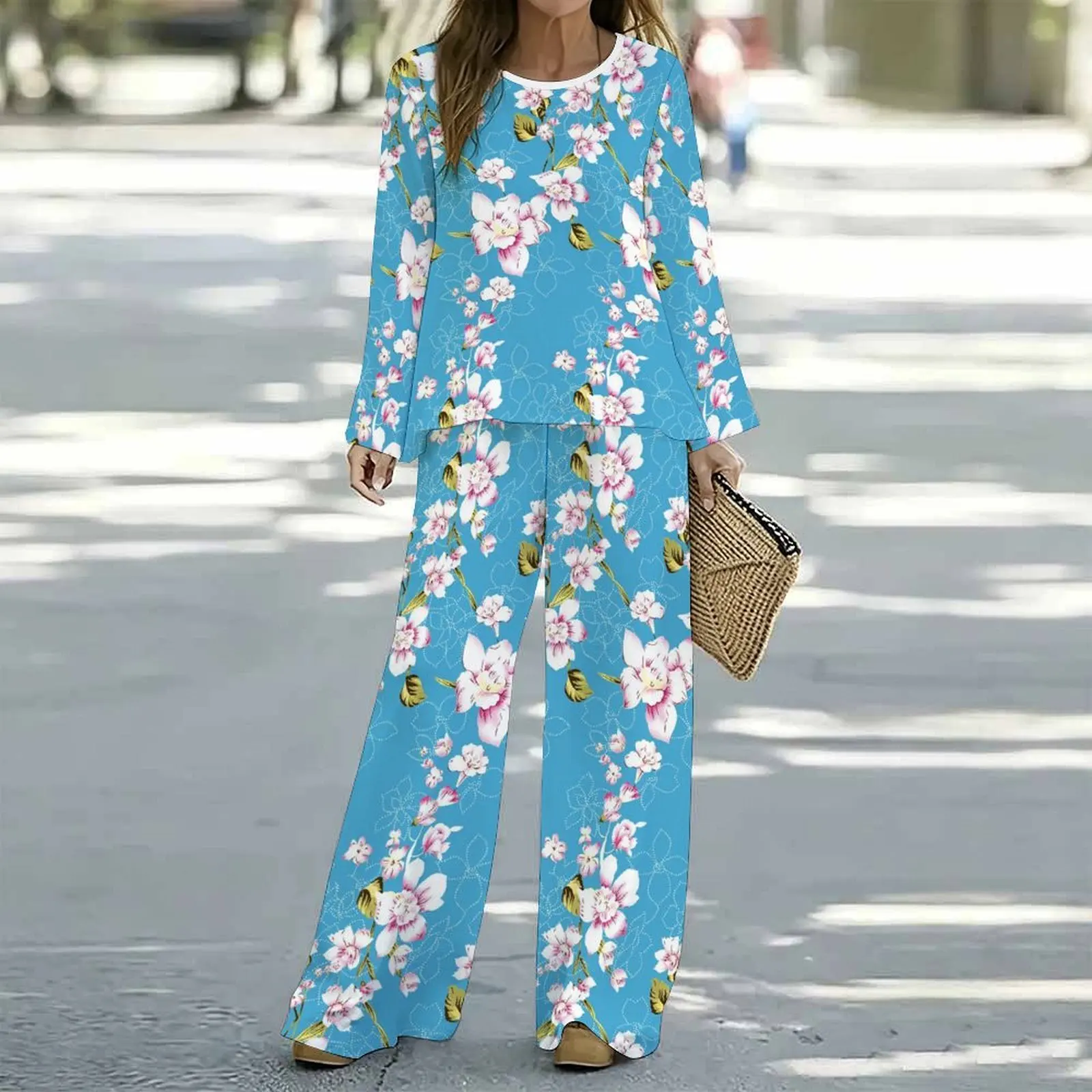 Women Spring/summer Print Two Piece Set Street Vacation Long Sleeves Fashion Retro Tops Everyday  Casual Long Pants