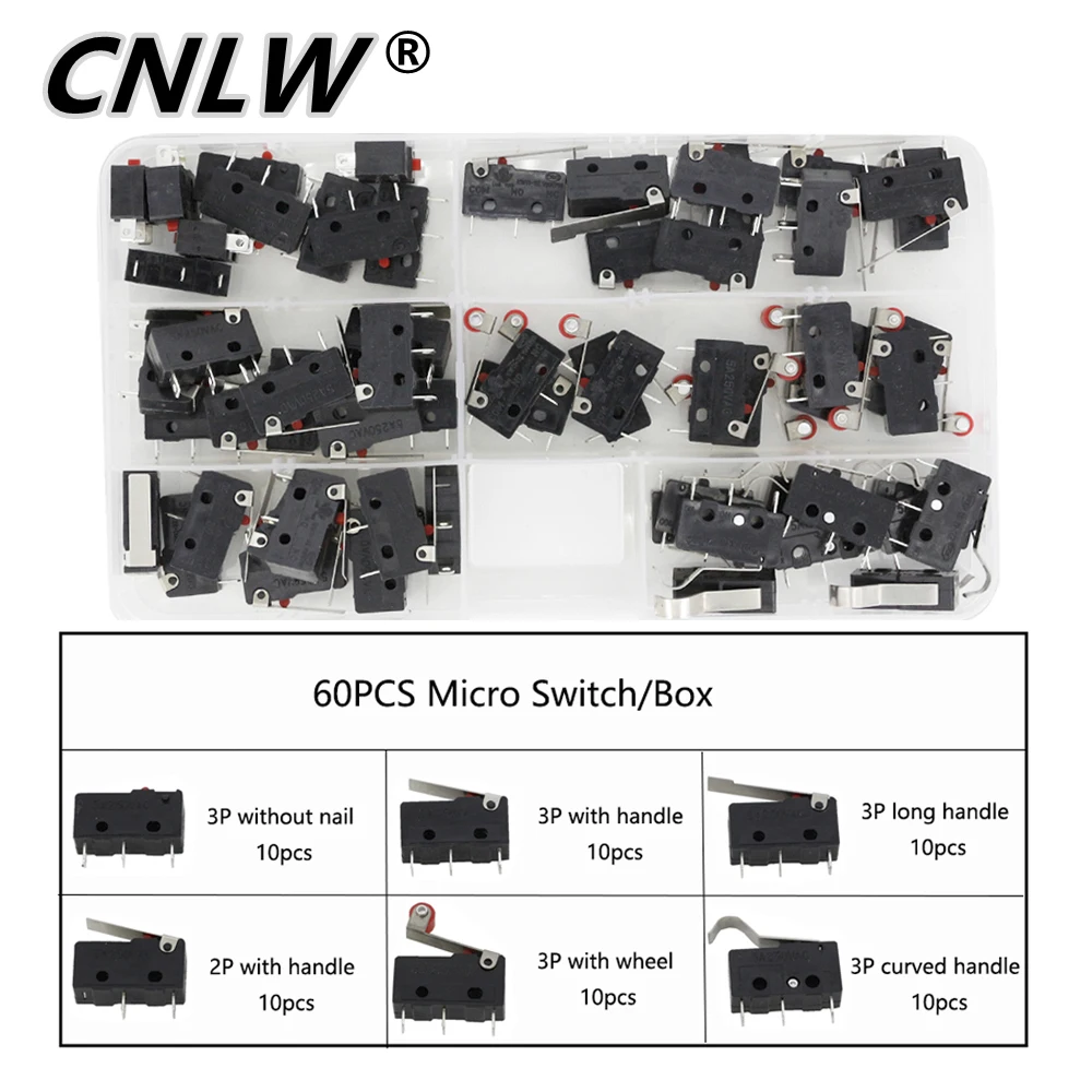 60PCS Micro Switch/Box Limit Switch 5A250VAC KW11-3Z Mini Micro Switch With Pulley Laser Machine Micro Limit Sensor