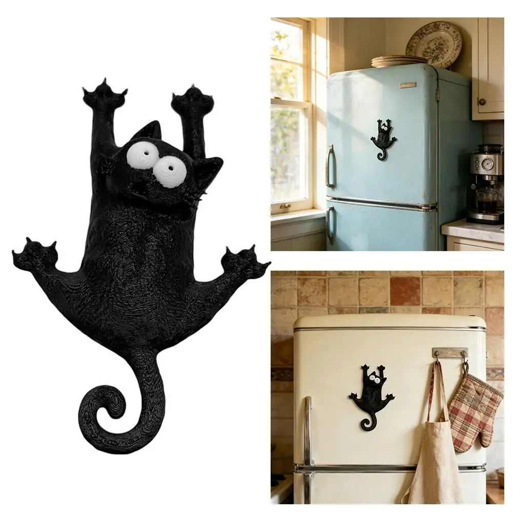 Creative & Cute Magnetic Cat Refrigerator Magnet Cartoon Cute Fluffy Black Cat Fridge Magnet Animal Model Refrigerator Sticker