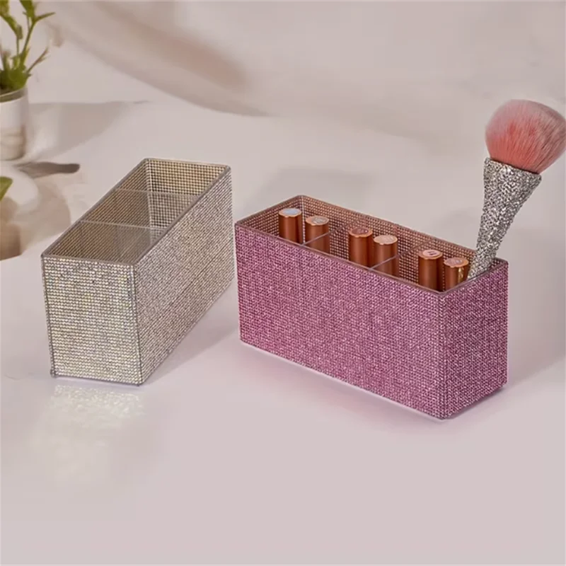 Organizador de pincel de maquiagem com strass brilhante, com 3 compartimentos, grande capacidade, pincéis de maquiagem, batom, ferramentas cosméticas, caixa de armazenamento